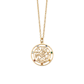 Colgante tetragramatón en acero dorado y circonitas con cadena